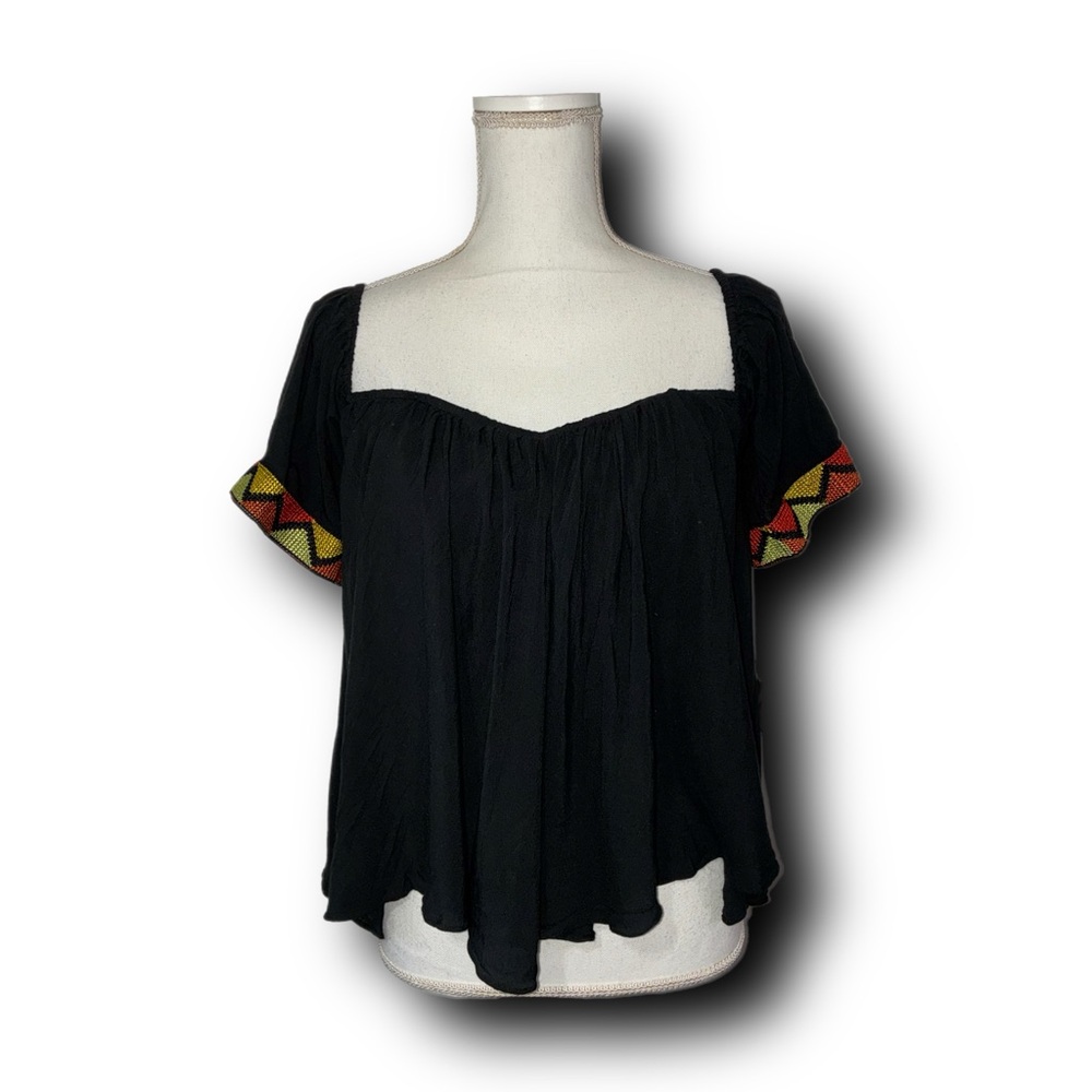 Entro Embroidered Black Flutter Sleeve Witchy Boho Hippie Top